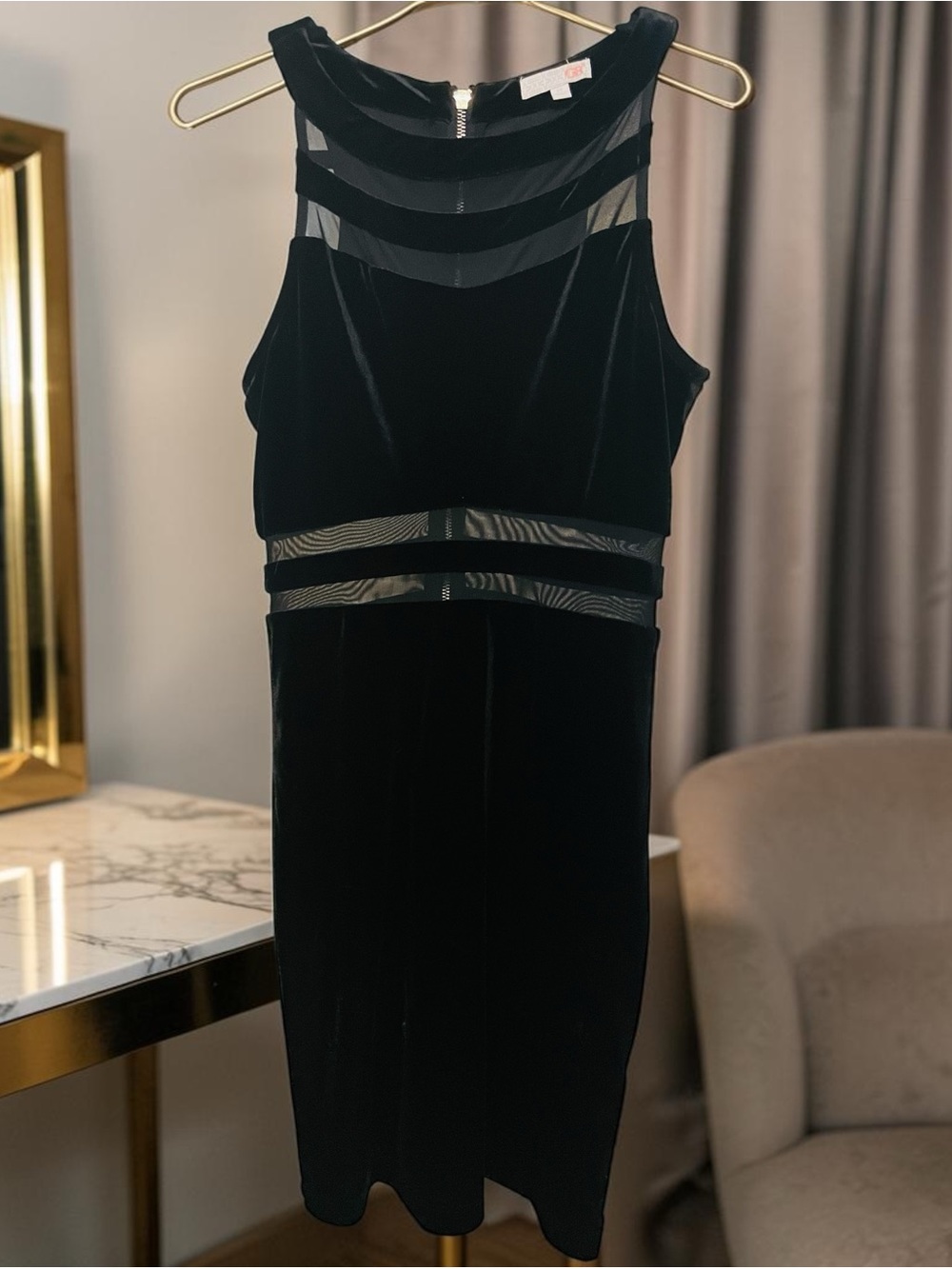 Gianni Bini Black Velvet Midi Dress with Sheer Insets